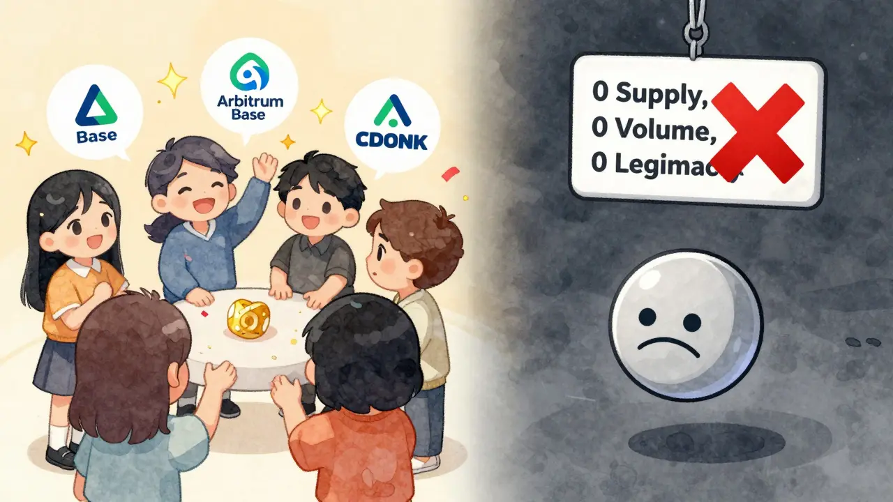 Split scene: happy users receiving real airdrops vs. a lonely, chained CDONK token floating in emptiness.