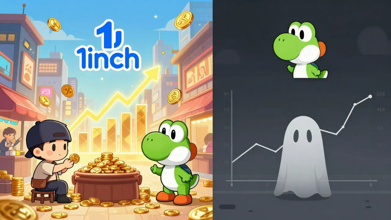 Split screen: busy 1inch city vs empty Yoshi.exchange street with ghost figure