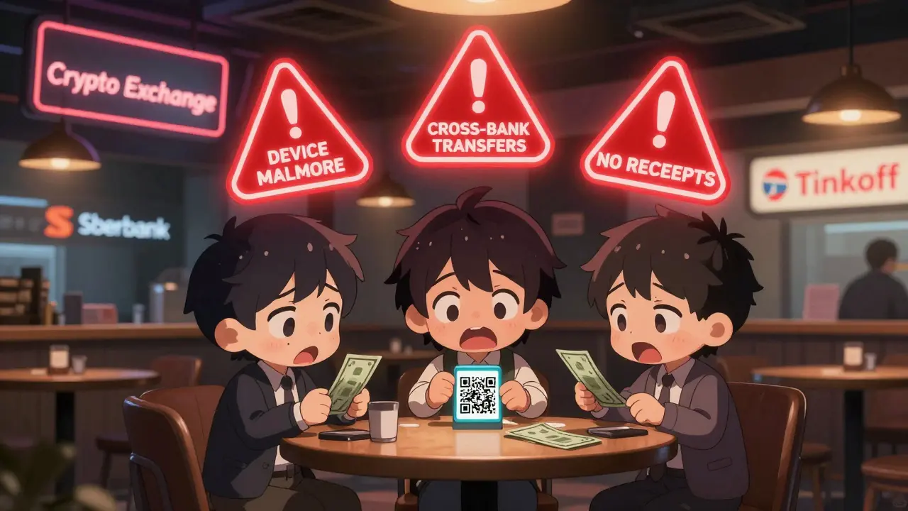 Three chibi traders exchanging cash in a café under floating red warning symbols.