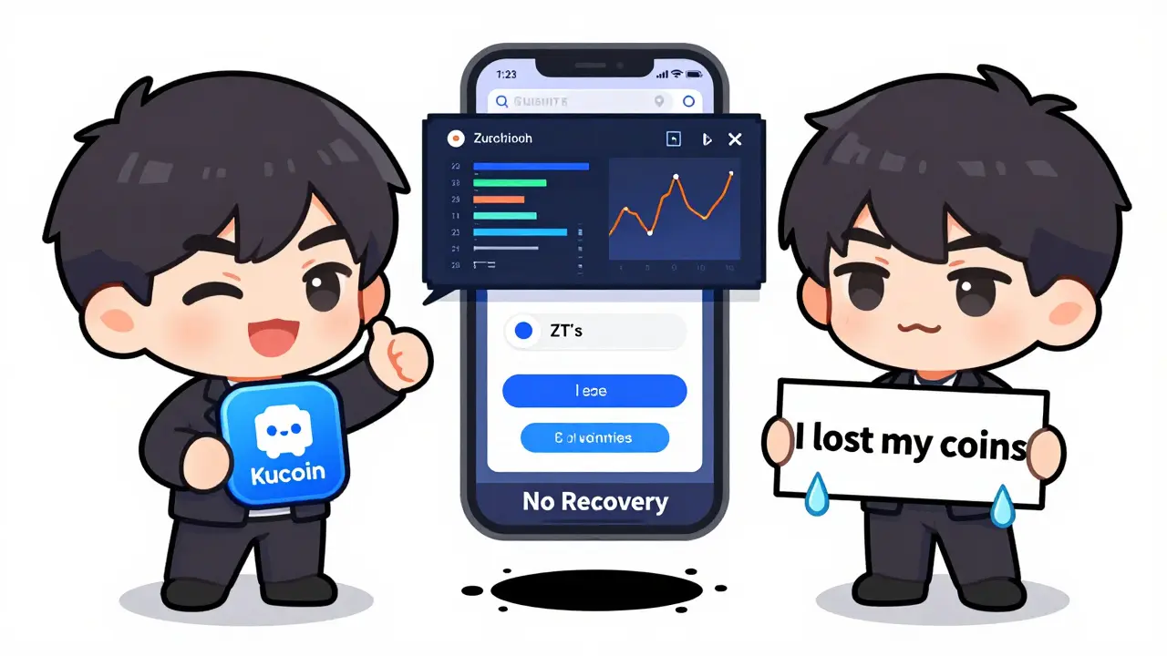 Three chibi users comparing ZT Exchange glitches with KuCoin's reliable app and support.