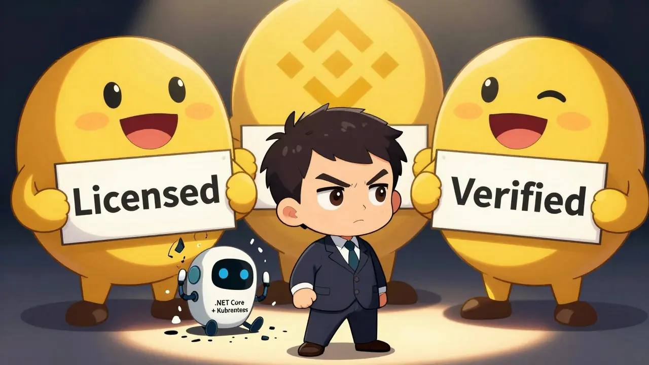 Tiny Inanomo founder overshadowed by giant Binance and Coinbase mascots with compliance signs.