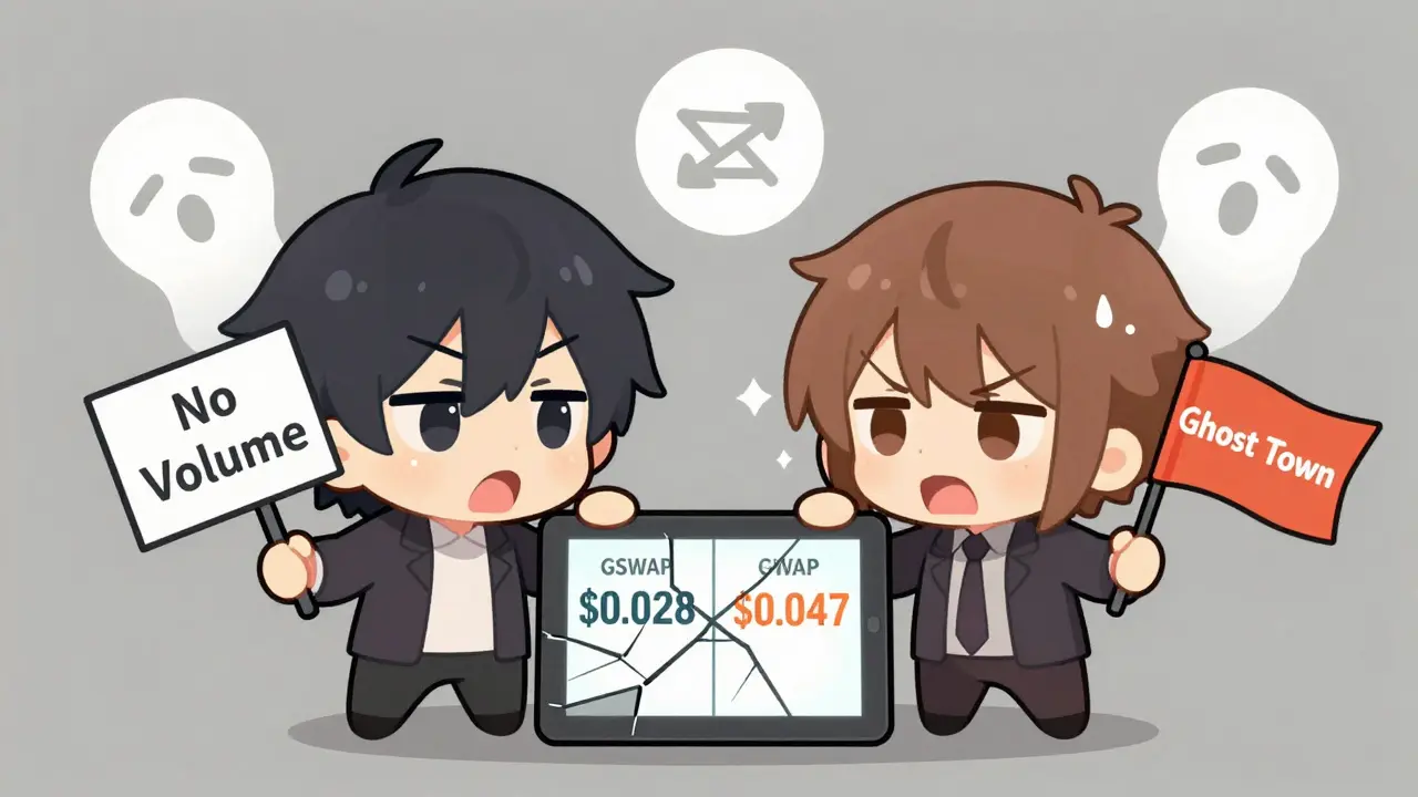 Two chibi characters arguing over conflicting GSWAP prices on a cracked tablet.