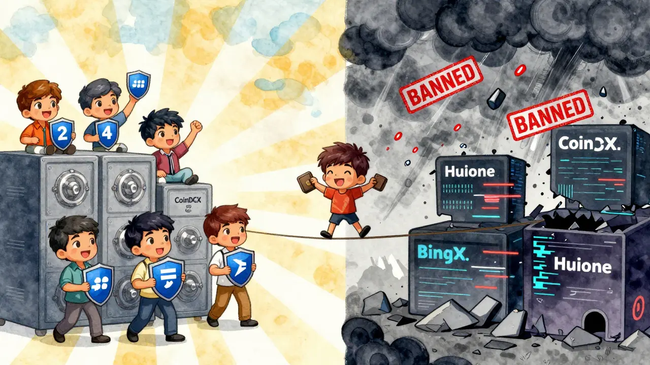 User caught between safe Indian exchanges and banned offshore platforms in a chibi-style split scene.