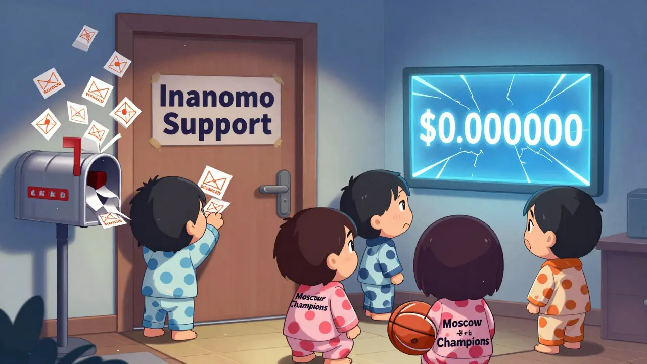 Users knocking on a sealed Inanomo support door as basketball trophies sit nearby.