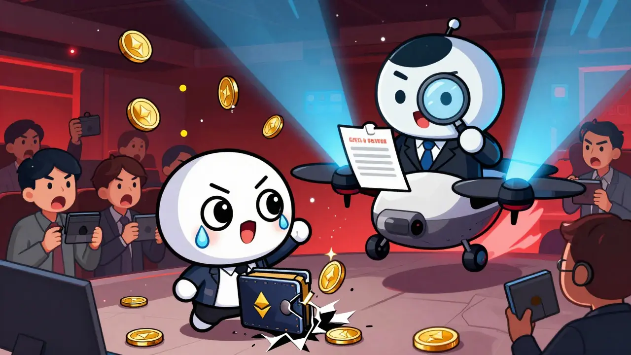 WazirX mascot panicking as crypto coins fly away during a hack, with an auditor arriving on a drone.