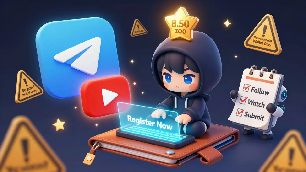 A chibi user registering for an airdrop with Telegram and YouTube icons glowing nearby.