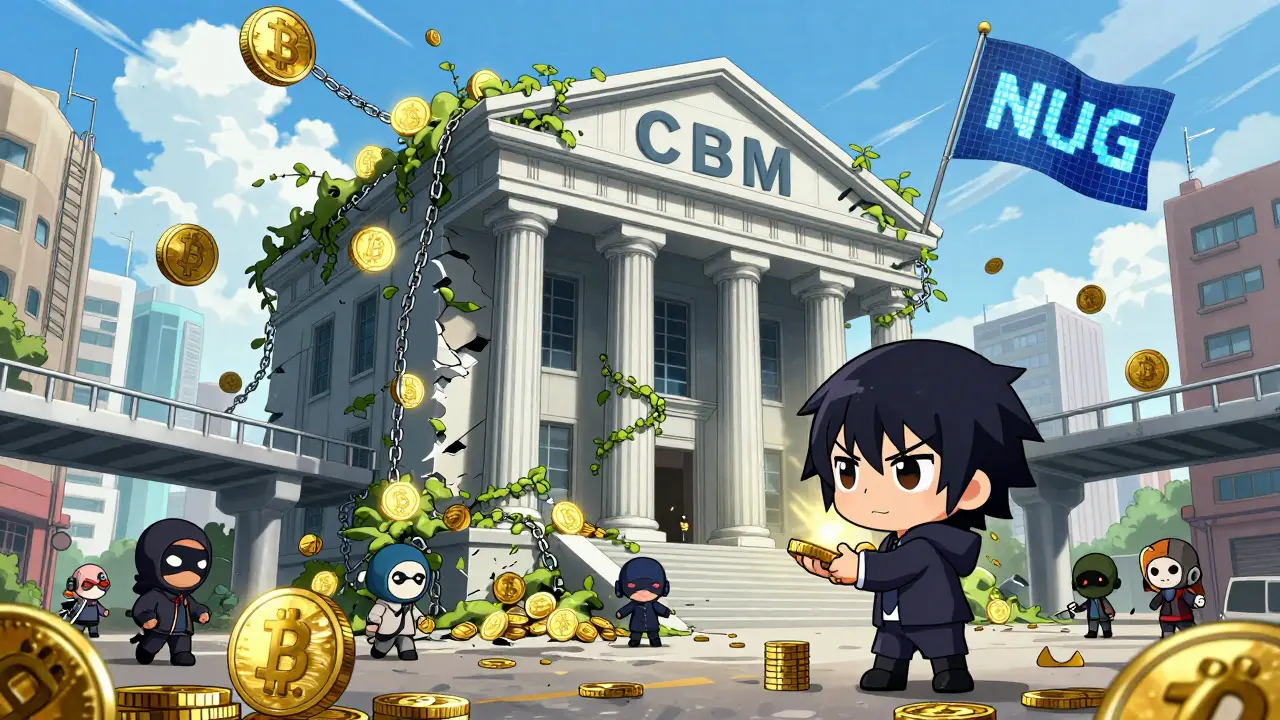 A crumbling Central Bank is overtaken by blockchain vines as people secretly trade USDT underground.