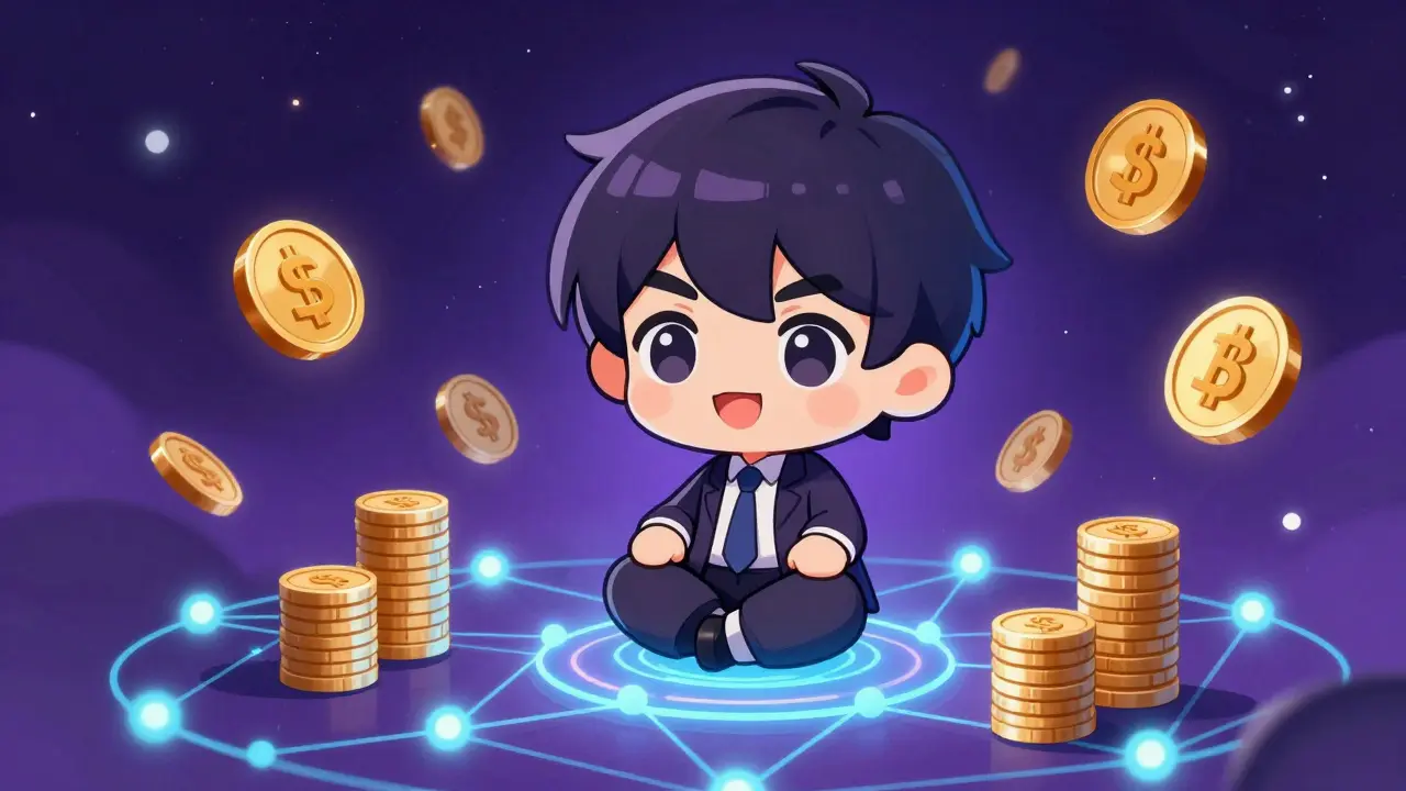 A cute investor surrounded by glowing network nodes and growing token stacks symbolizing staking.