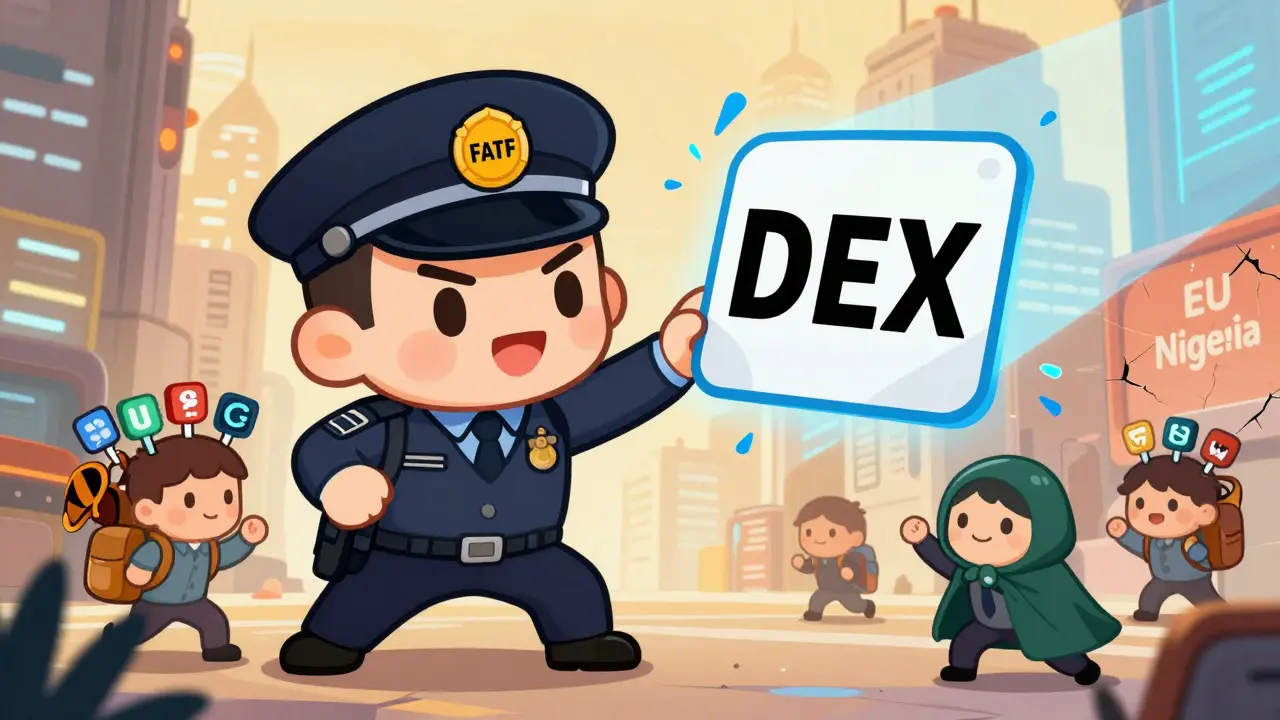 A FATF agent tries to stamp a geo-block on a DEX smart contract as users evade with VPNs and privacy tools.