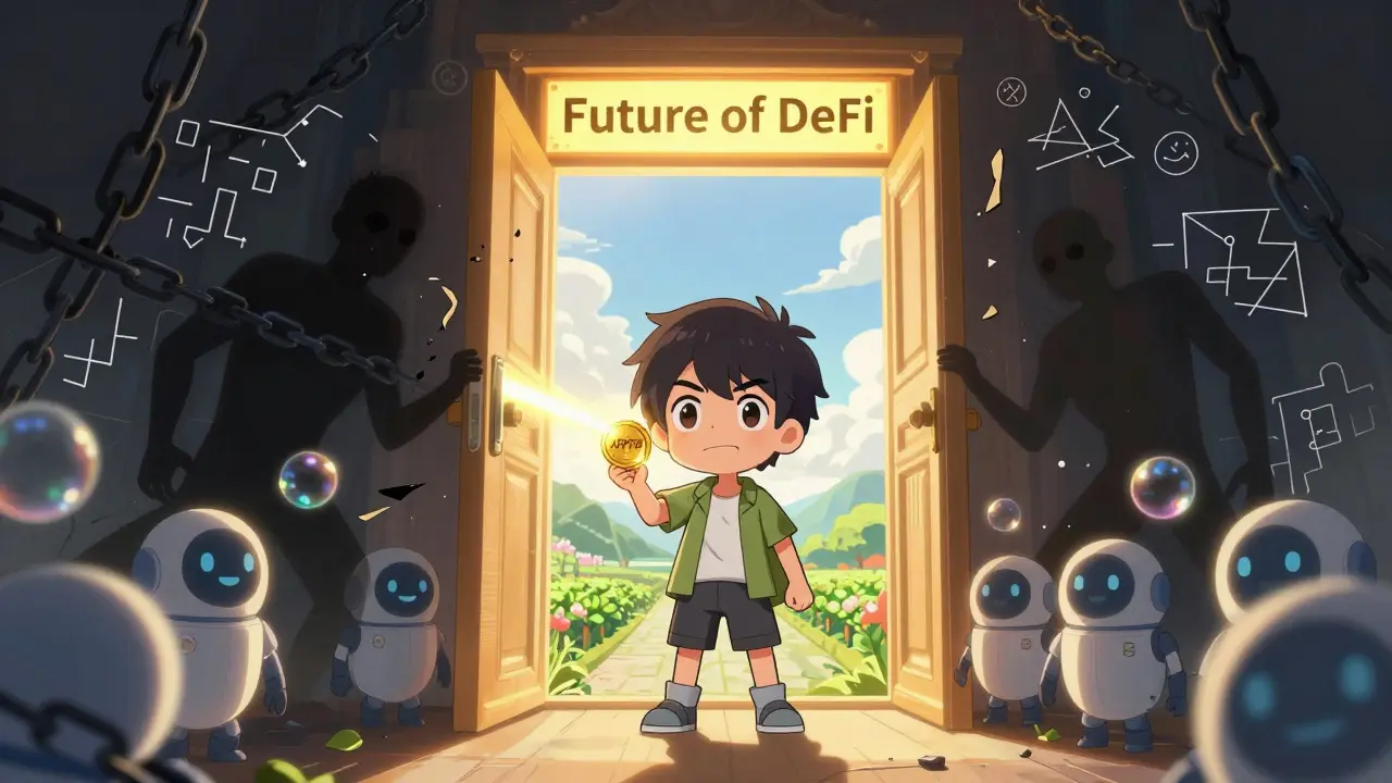 A hero holding an APTR token opens a door to a peaceful DeFi future, leaving complexity behind.