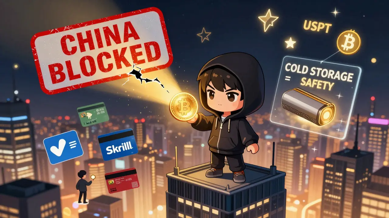 A lone hero holds a glowing Bitcoin on a skyscraper, overcoming China's financial restrictions with foreign payment methods and cold storage.