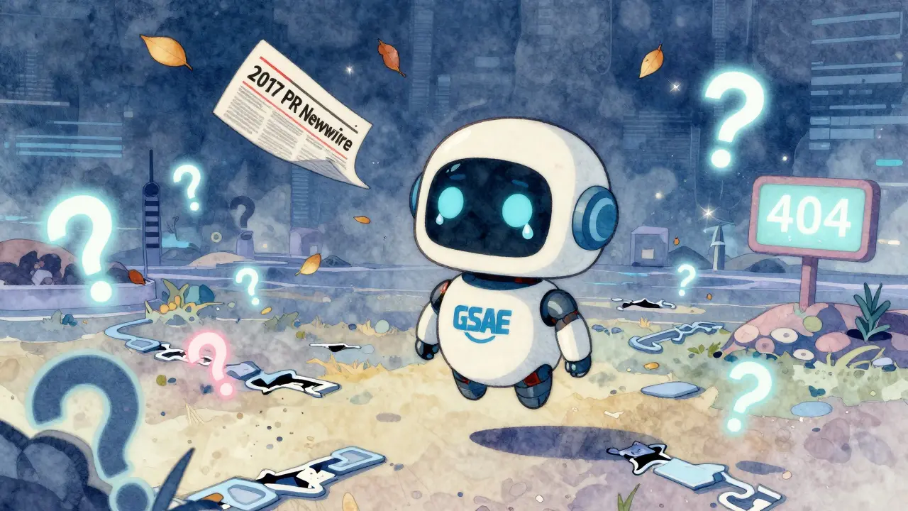 A lonely robot with a GSAE logo floats in a digital wasteland surrounded by floating question marks and a fading 2017 headline.