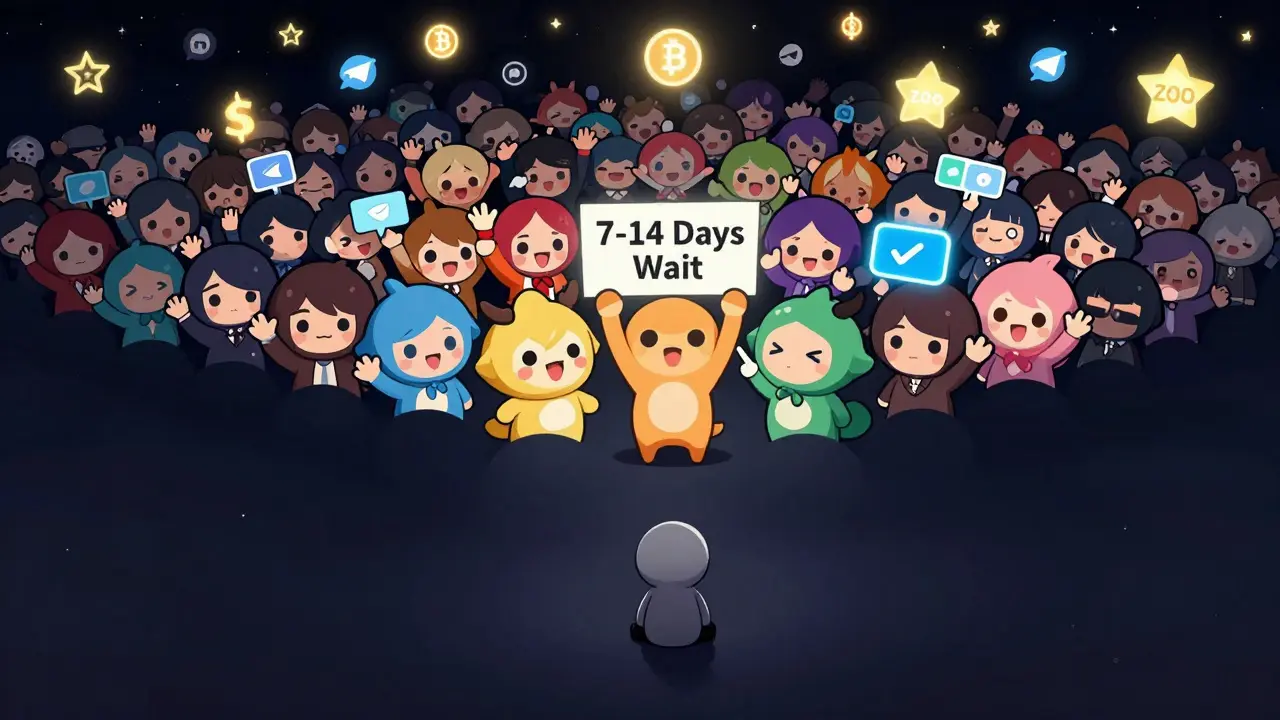 A lonely ZOO token surrounded by a large crowd of chibi users in a digital Telegram space.
