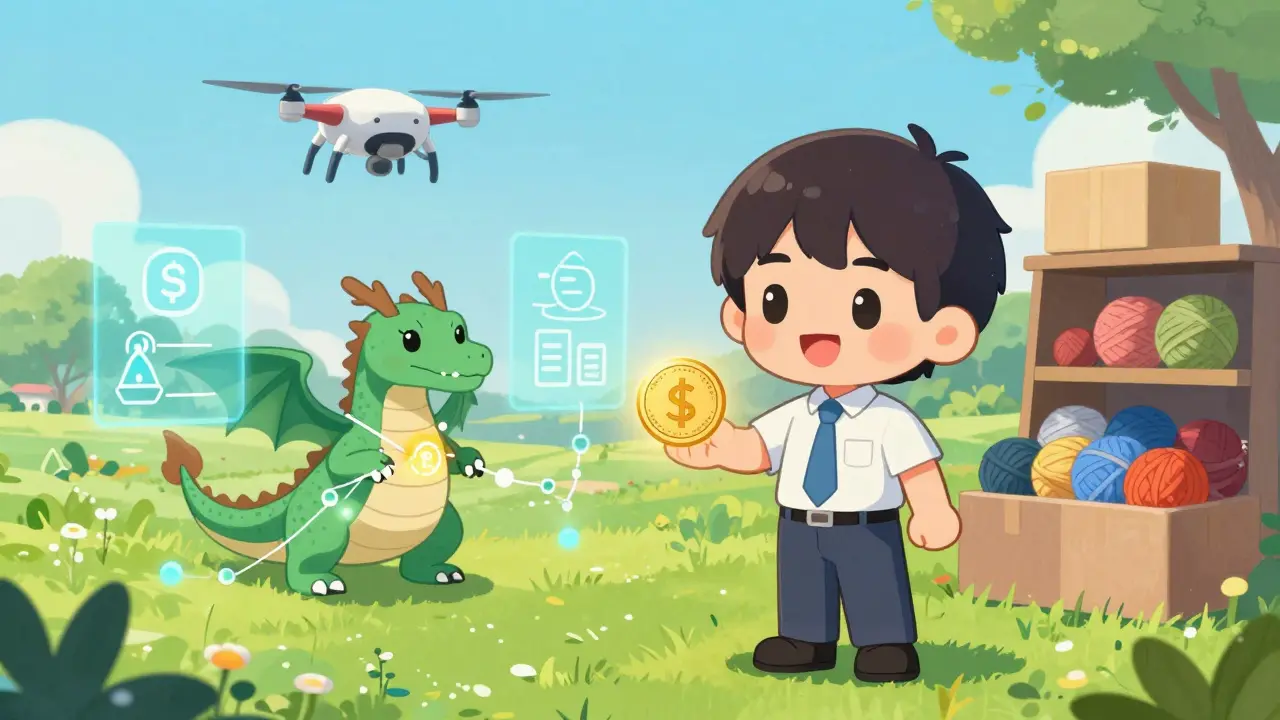 A small business owner sends USDC to a supplier as a blockchain dragon automates payment.