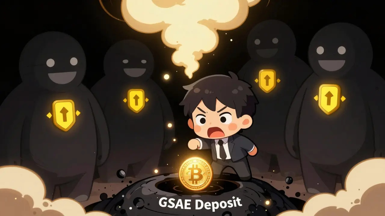A tiny user drops crypto into a black hole labeled 'GSAE Deposit' while bigger, trusted exchanges watch warmly.