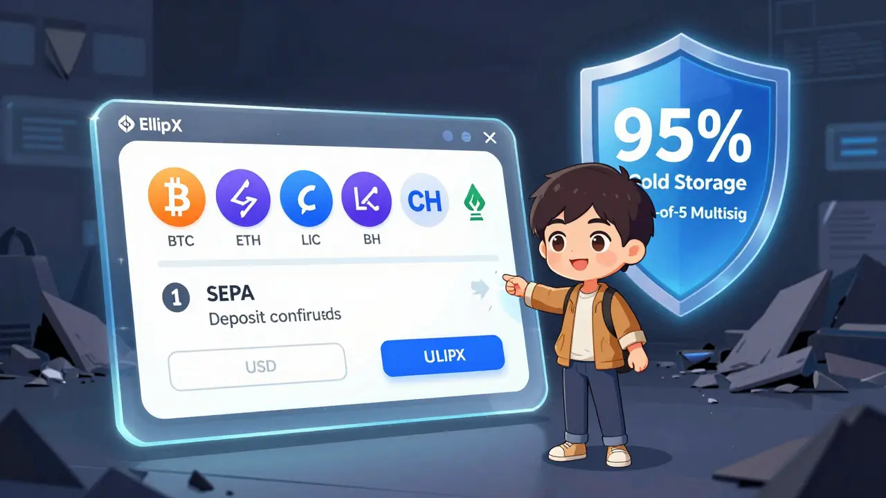 A user happily trading BTC and ETH on EllipX's clean interface with security shields glowing behind them.