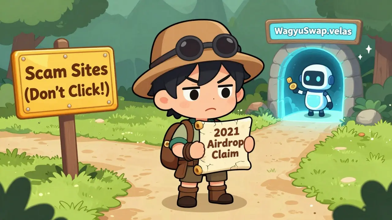 Adventurer at a crossroads avoiding scams, guided toward the official WagyuSwap DEX.