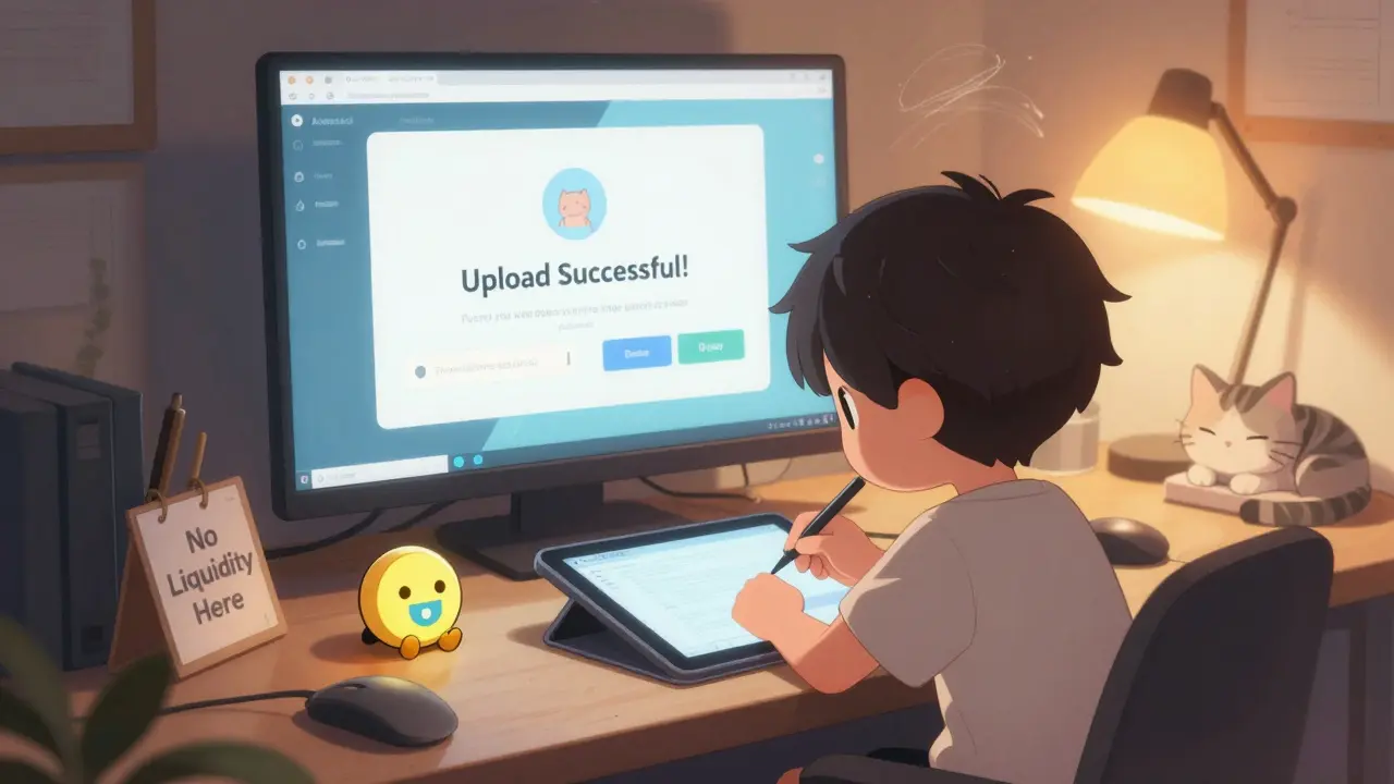 Artist painting in a quiet studio with a BNU token as a paperweight.