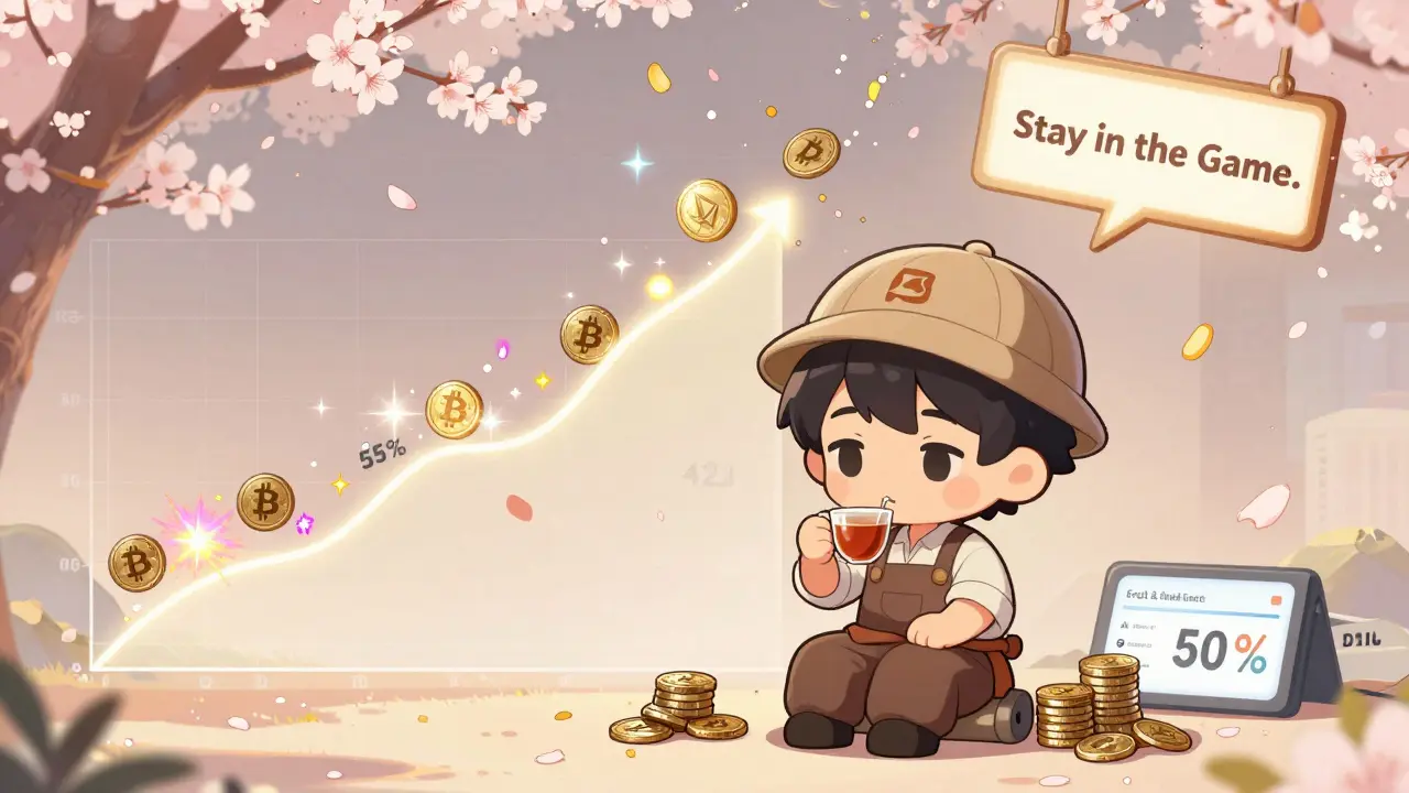 Calm chibi trader enjoying DCA as altcoins sparkle and Bitcoin dominance decreases.