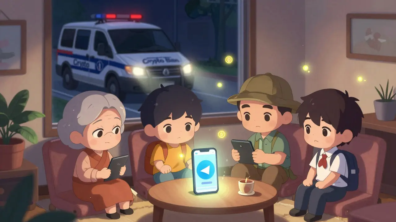 Chibi characters trade USDT via phone in a cozy room while police van drives away uselessly.