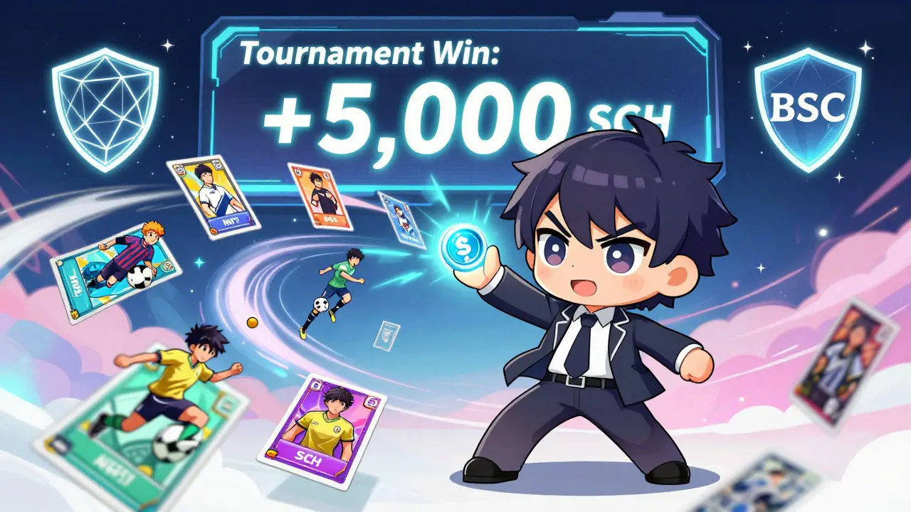 Chibi coach tossing an SCH token into a vortex of transforming NFT player cards.