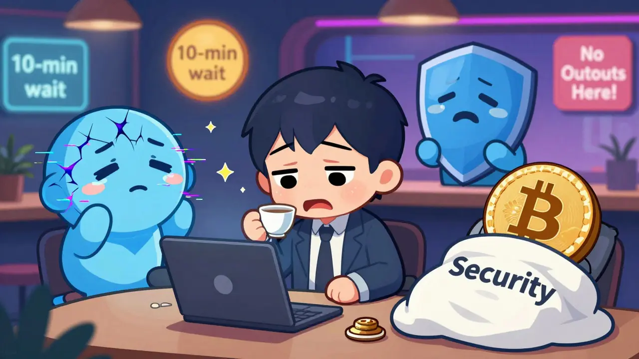 Chibi developer surrounded by glitching Solana, calm Ethereum, and sleeping Bitcoin characters in a digital café.