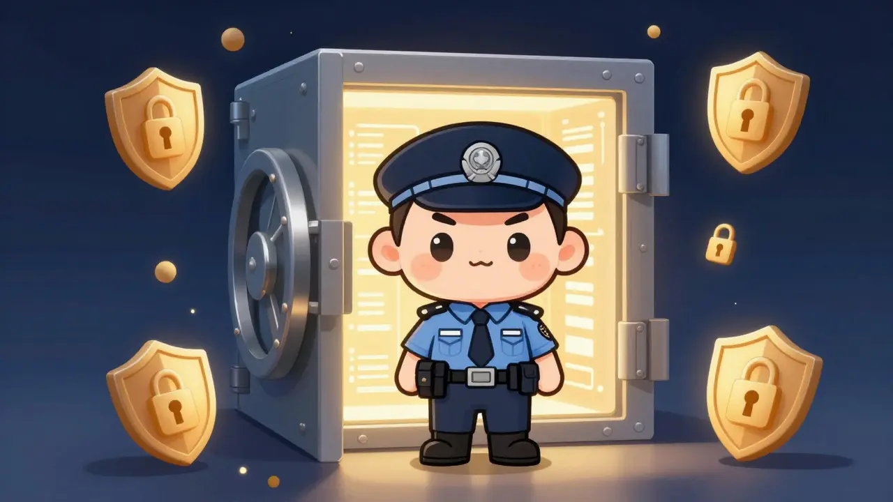 Chibi guard protecting glowing digital vault.