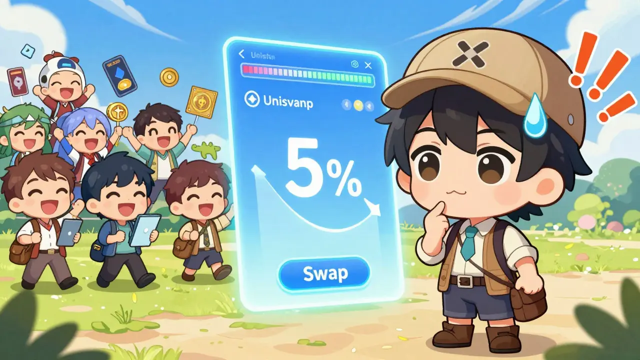 Chibi trader hesitating to swap due to high slippage, while others trade happily on competing platforms.