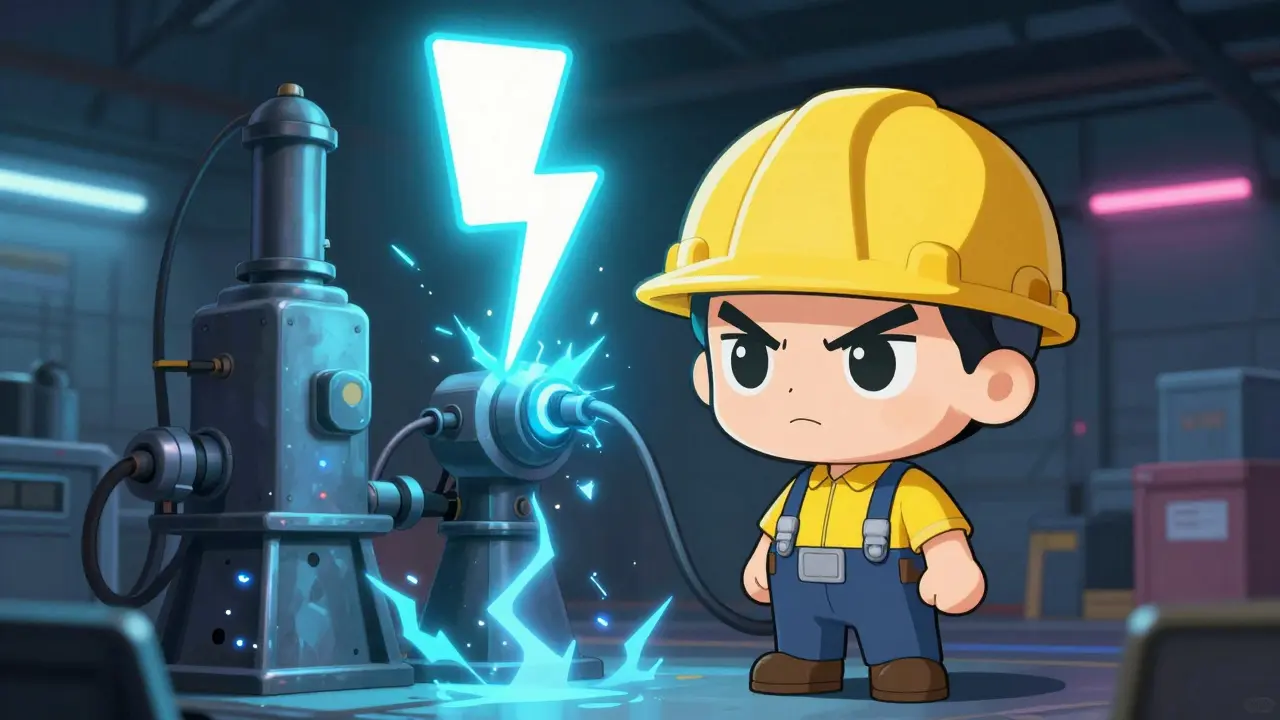 Cute character standing next to sparking machinery with lightning bolt icon.