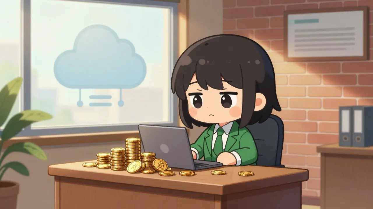 Cute chibi entrepreneur in office with coin stacks, rejecting remote server concept.