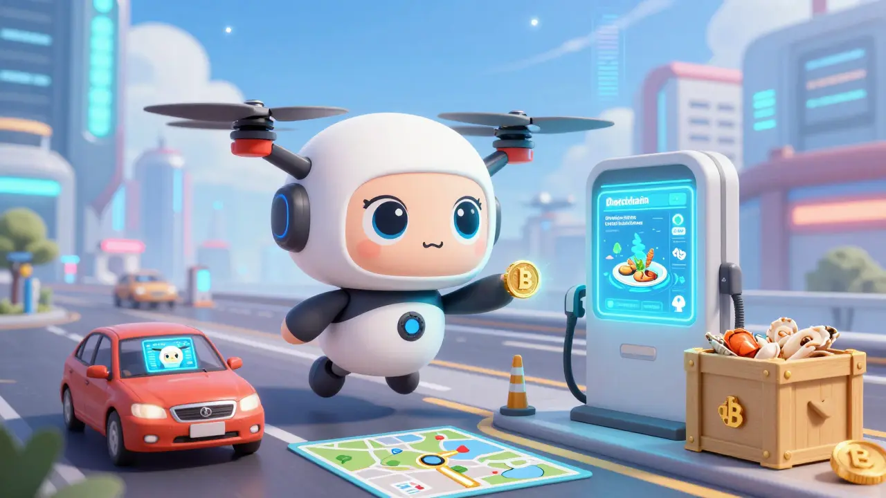 Cute drone paying a blockchain charging station while updating maps autonomously.