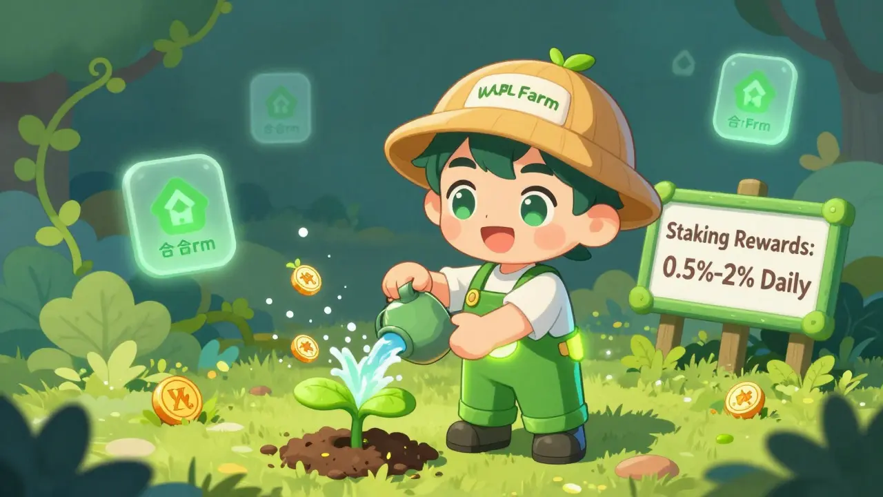 Cute farmer tending a WAG LP farm that grows tokens daily with glowing rewards.