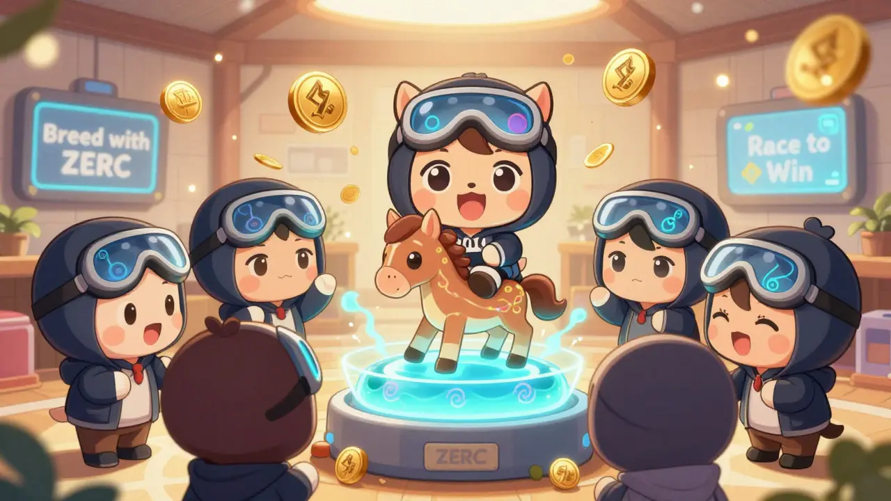 Cute players breeding a baby horse with genetic code swirls, surrounded by glowing ZERC tokens.