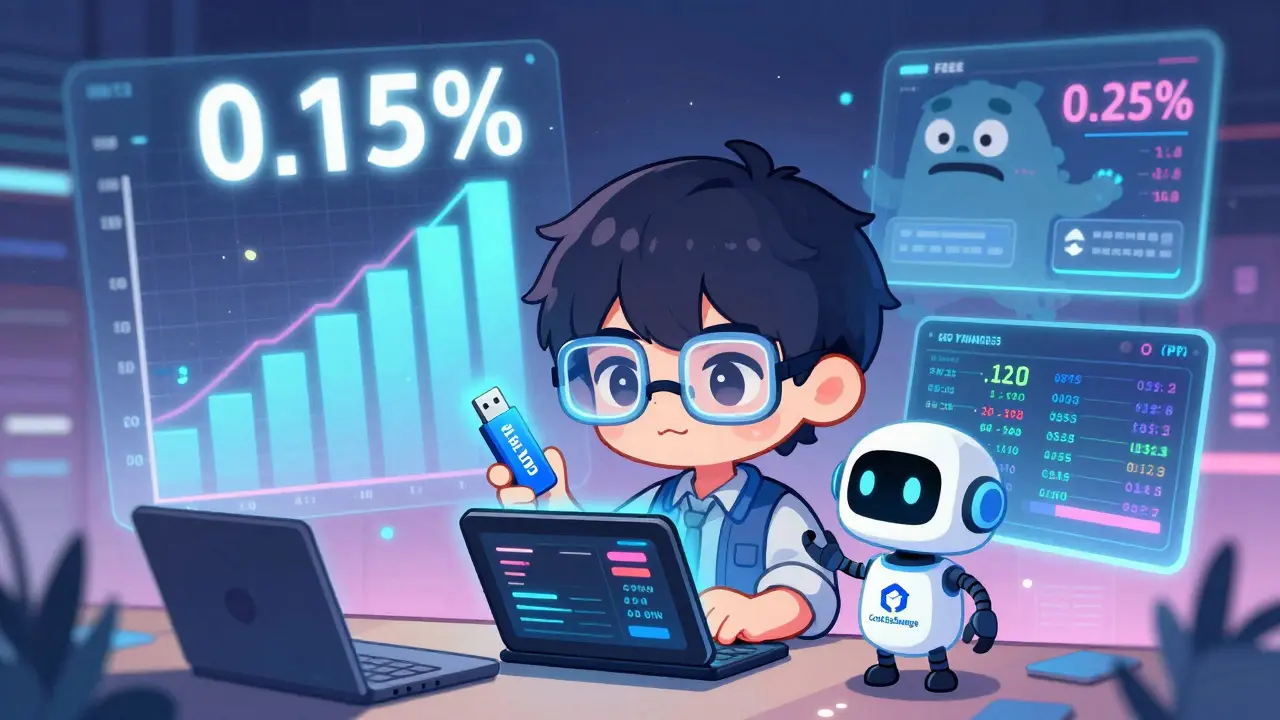 Developer with a tablet and robot holding a glowing API USB drive in cyberpunk pastel tones.