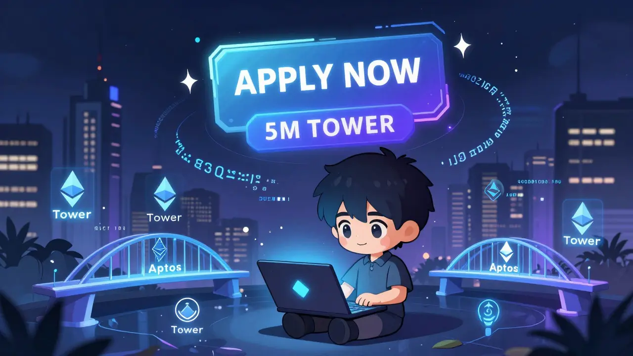 Developer with laptop and TOWER bridges to Ethereum and Aptos