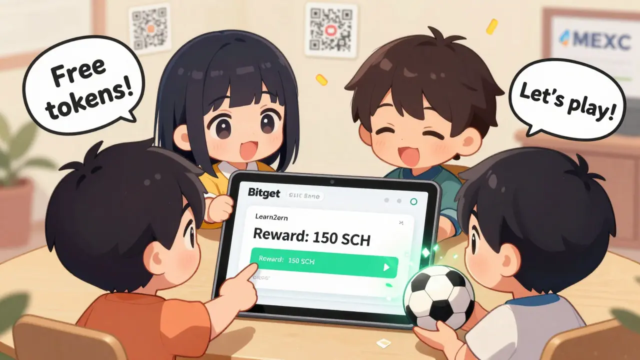 Four chibi friends celebrating a Learn2Earn SCH reward on a tablet screen.