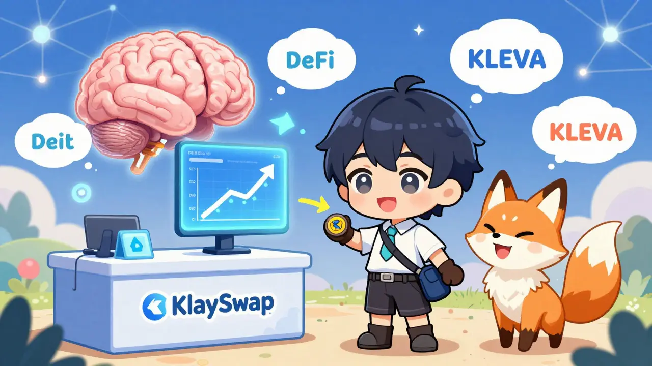 Friendly fox AI guide helping a user swap KLAY for KLEVA at a whimsical decentralized exchange.