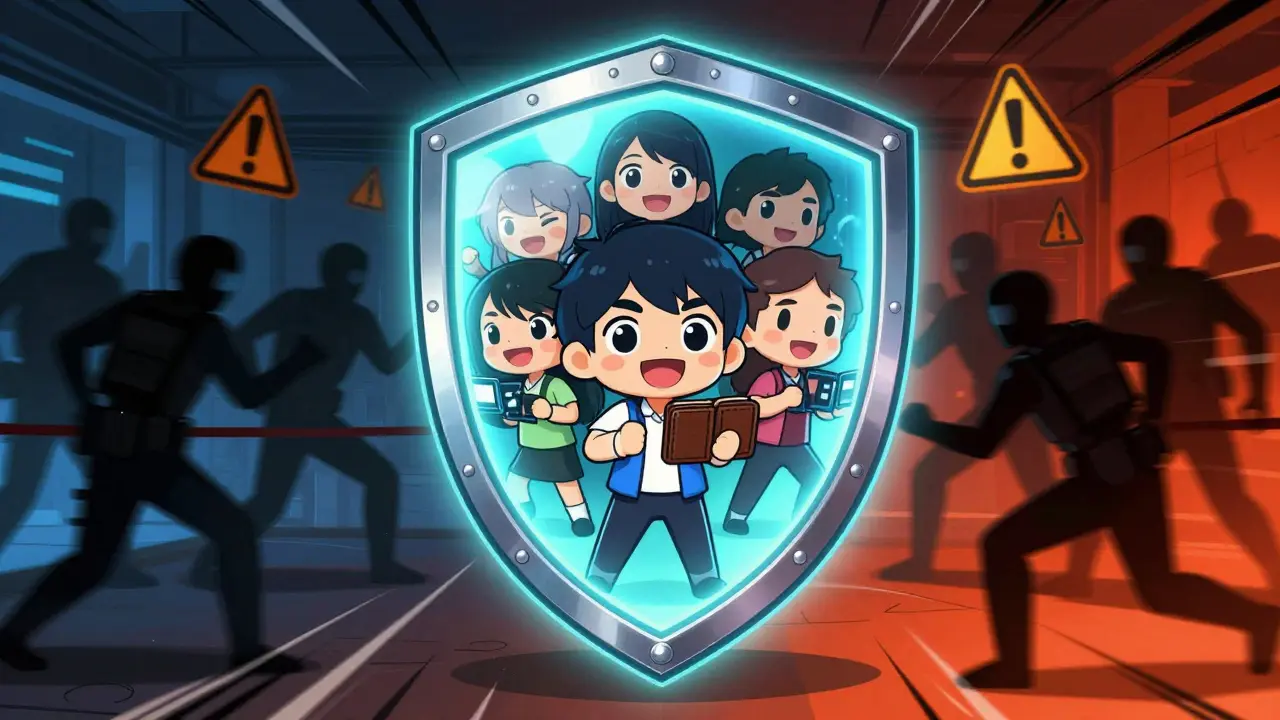Glowing shield protects chibi investors from shadowy tech threats in dynamic anime art.