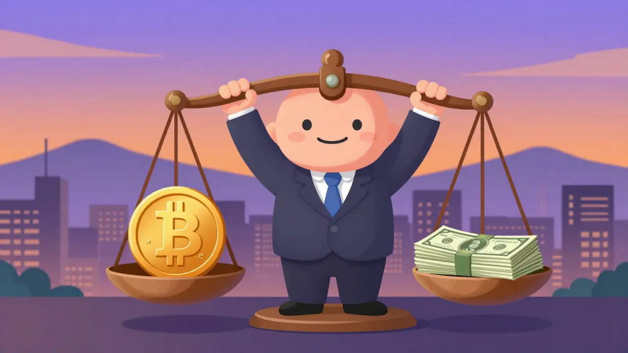 Illustration of a balance scale comparing bitcoin and dollar notes.