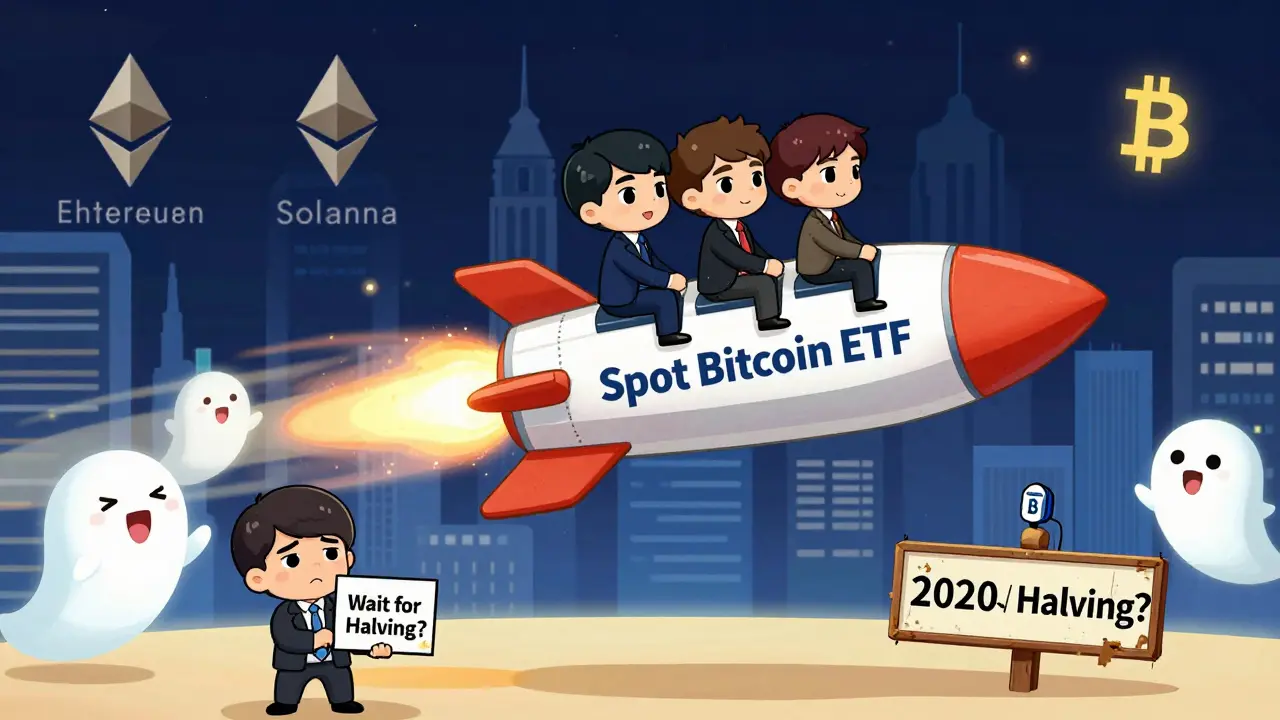 Institutional investors on an ETF rocket passing a tiny halving sign while on-chain metrics guide them.