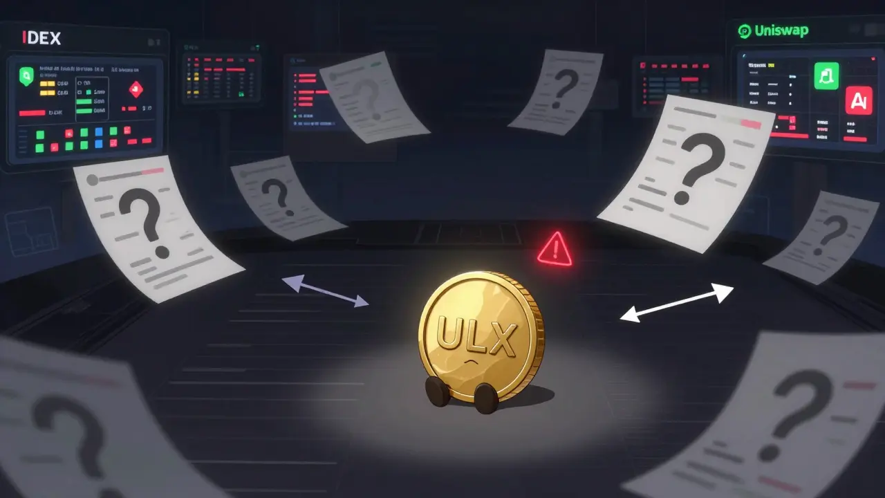 Lonely ULX coin surrounded by conflicting price charts, ignored by bustling DEX hubs.