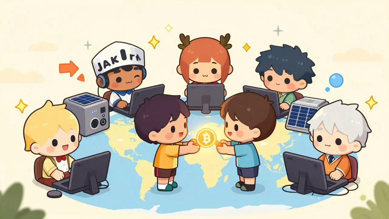 Mini people sharing computing power and solar energy across continents.