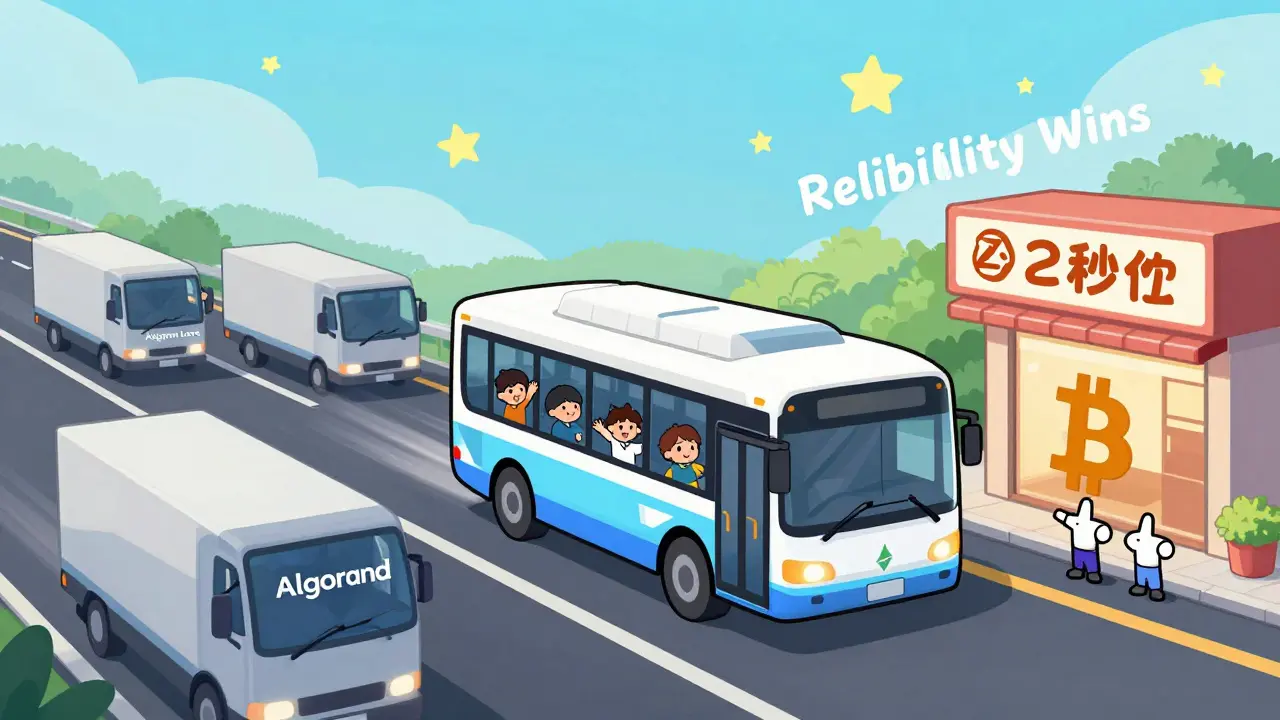 Polygon shuttle bus speeding past slow Bitcoin and Ethereum trucks on a payment highway with happy users.
