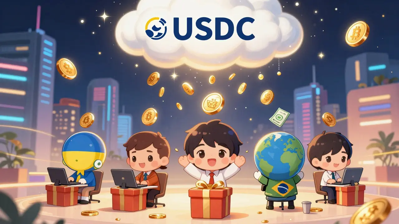 Remote workers from around the world celebrate USDC payments raining from the sky.