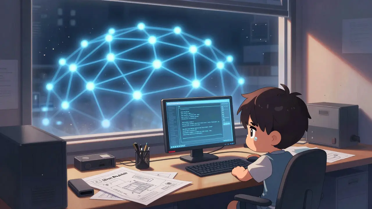 Small developer staring at a frozen blockchain screen, surrounded by inactive network nodes.