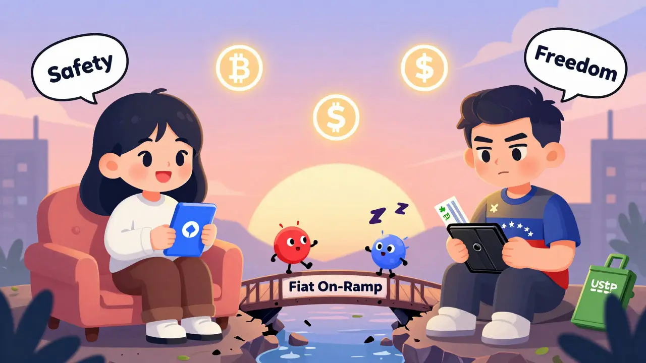 Split scene: U.S. user deposits fiat on CEX, Venezuelan user swaps crypto on DEX as the fiat bridge crumbles.