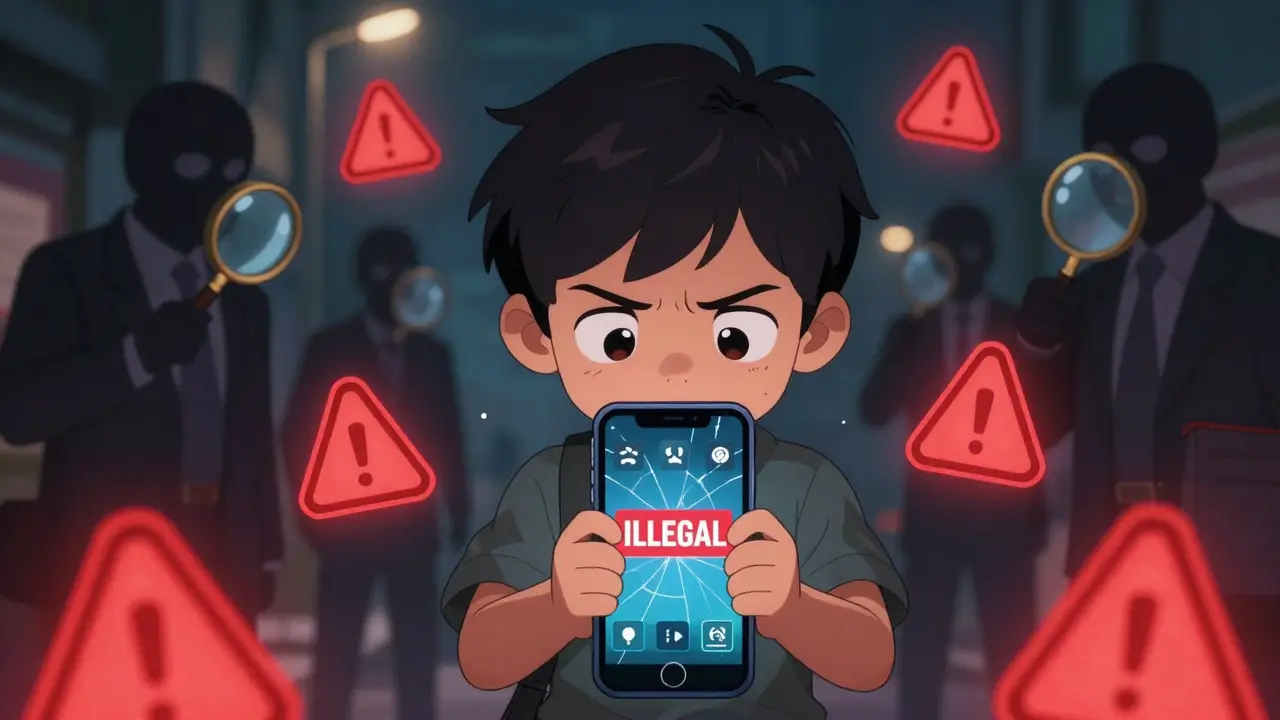 Teenager hiding a crypto app on a smartphone surrounded by red warning symbols.