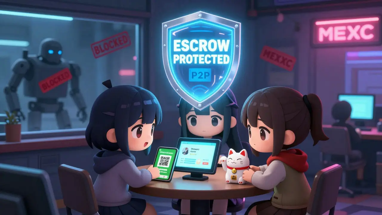 Three chibi characters securely trading crypto via P2P in a neon-lit internet cafe, with escrow protection and shadowy bank blockers outside.