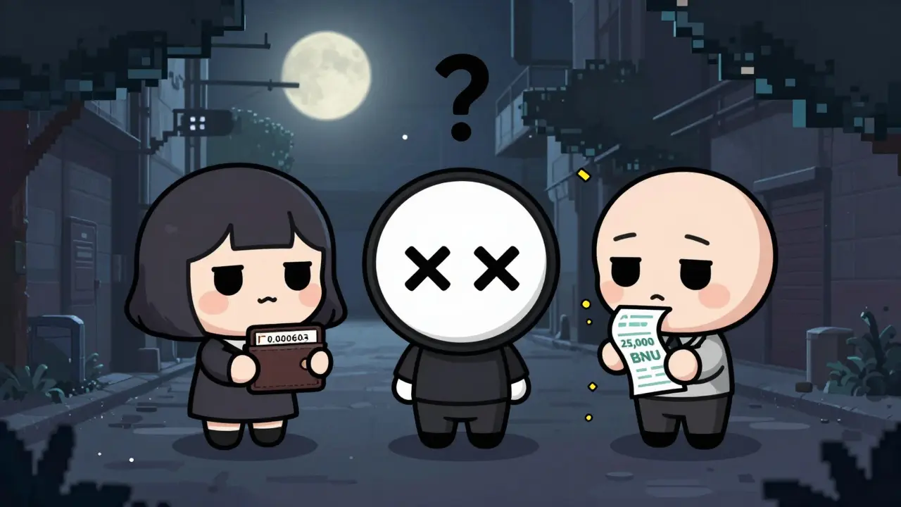 Three chibi figures reacting to a dead crypto exchange and fading token value.