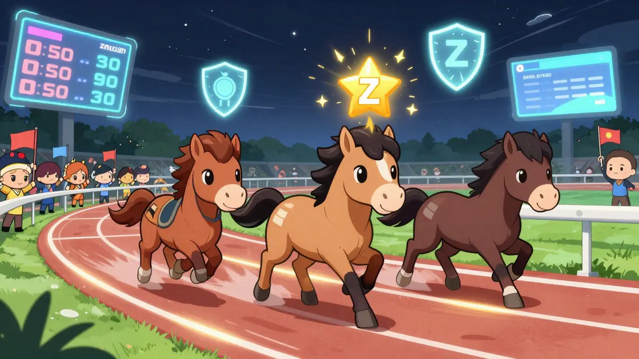Three chibi horses racing at the finish line with a ZERC token bursting in victory.
